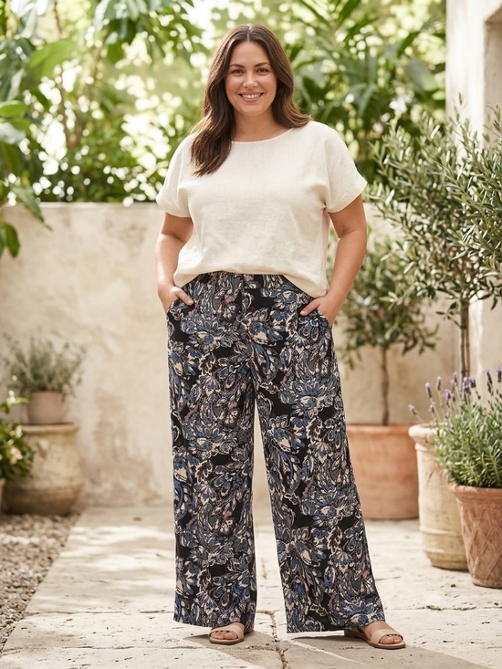 ellos Pants - Plus-Size 1X Floral Wide-Leg Rayon Pants in Navy, relaxed, Fresh, Beach, Luxury